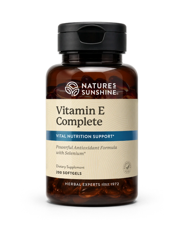 A bottle of Nature's Sunshine Vitamin E Complete dietary supplement, containing 200 softgels, shown on a clean white background.