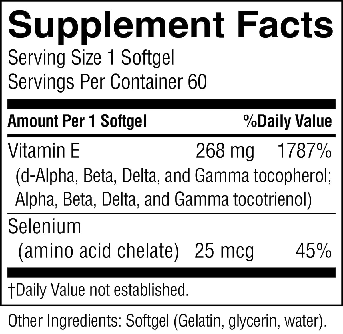 A Supplement Facts label showing a softgel supplement with Vitamin E 268 mg and Selenium (amino acid chelate) 25 mcg, serving size 1 softgel, 60 servings per container.