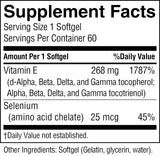 A Supplement Facts label showing a softgel supplement with Vitamin E 268 mg and Selenium (amino acid chelate) 25 mcg, serving size 1 softgel, 60 servings per container.