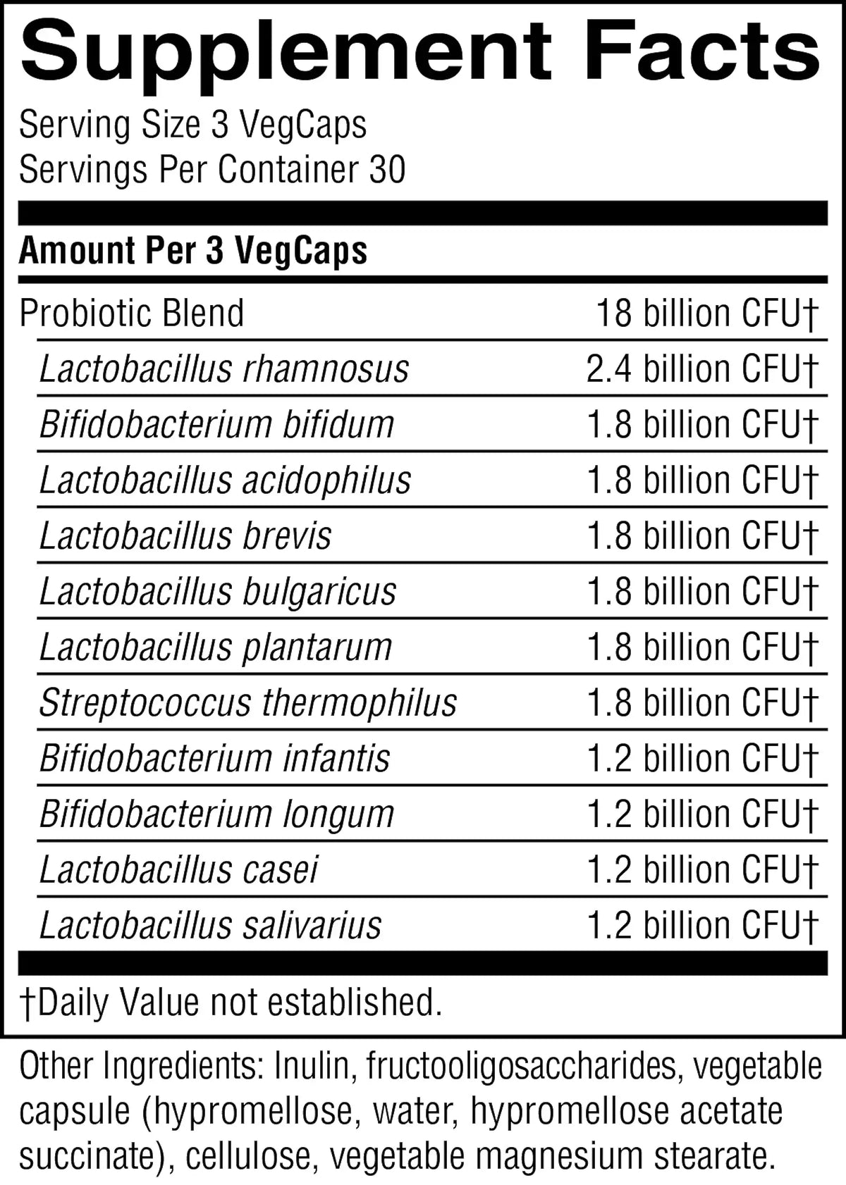 A black and white Supplement Facts label showing a probiotic blend with various Lactobacillus and Bifidobacterium strains, along with other ingredients listed at the bottom.