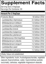 A black and white Supplement Facts label showing a probiotic blend with various Lactobacillus and Bifidobacterium strains, along with other ingredients listed at the bottom.