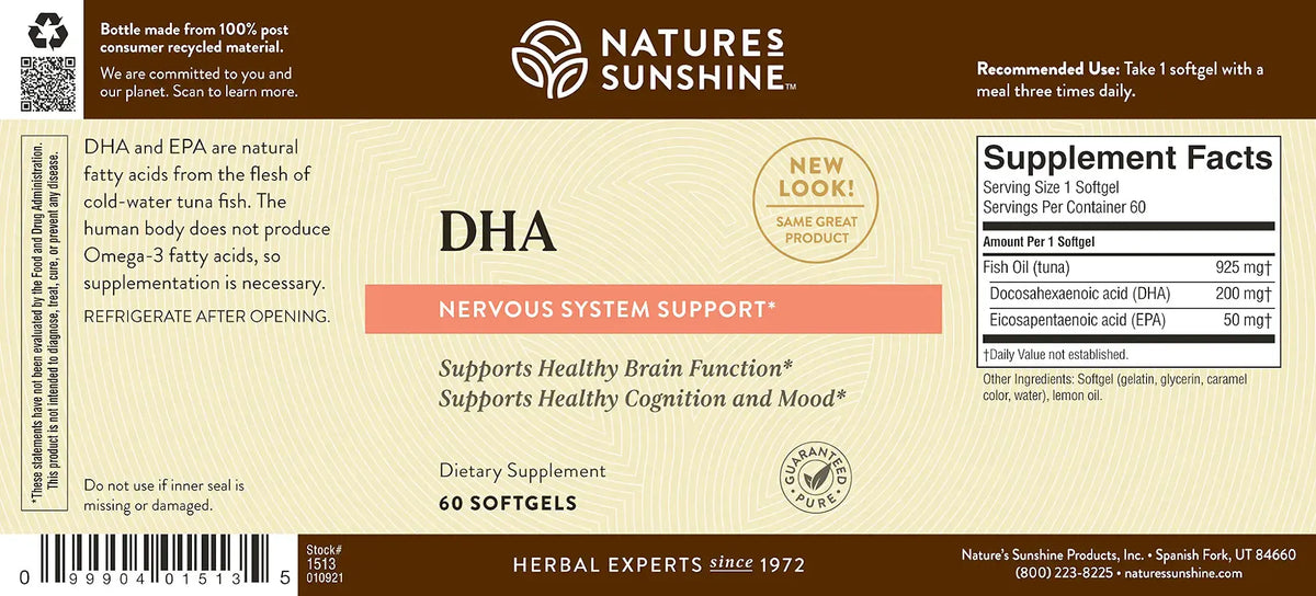 Natures Sunshine DHA dietary supplement bottle label showing product details, supplement facts, and a barcode on a brown and beige background.