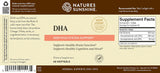 Natures Sunshine DHA dietary supplement bottle label showing product details, supplement facts, and a barcode on a brown and beige background.