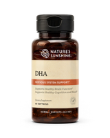 A bottle of Nature's Sunshine DHA dietary supplement with a black cap and amber-brown translucent bottle, featuring a beige label with red accents.