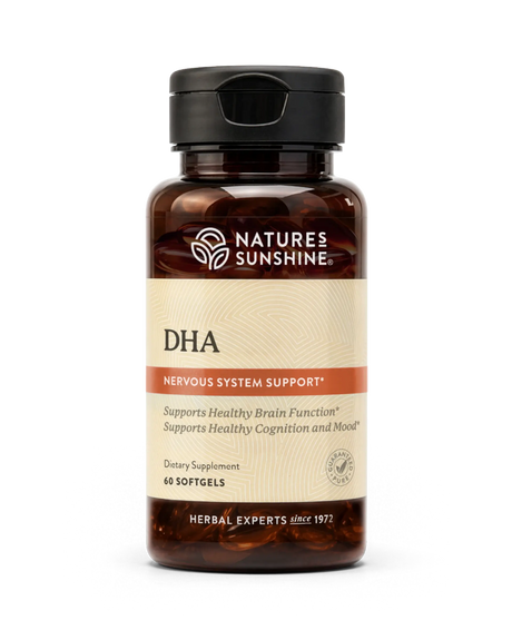 A bottle of Nature's Sunshine DHA dietary supplement with a black cap and amber-brown translucent bottle, featuring a beige label with red accents.