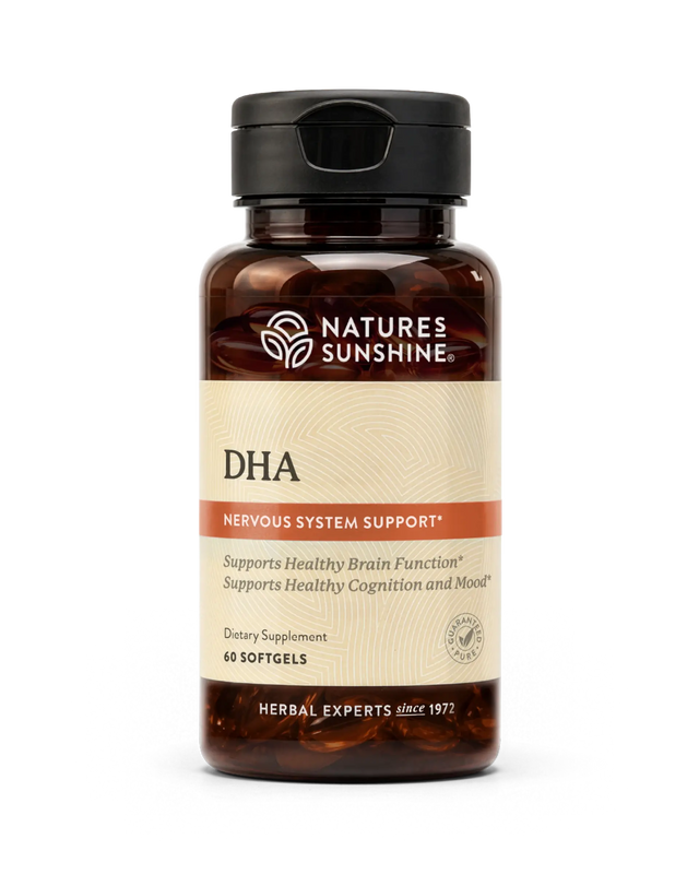 A bottle of Nature's Sunshine DHA dietary supplement with a black cap and amber-brown translucent bottle, featuring a beige label with red accents.