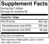 A close-up of a supplement facts label showing serving size 1 softgel, 60 servings per container, with listed amounts per softgel for fish oil (tuna), docosahexaenoic acid (DHA), and eicosapentaenoic acid (EPA), plus other ingredients at the bottom.