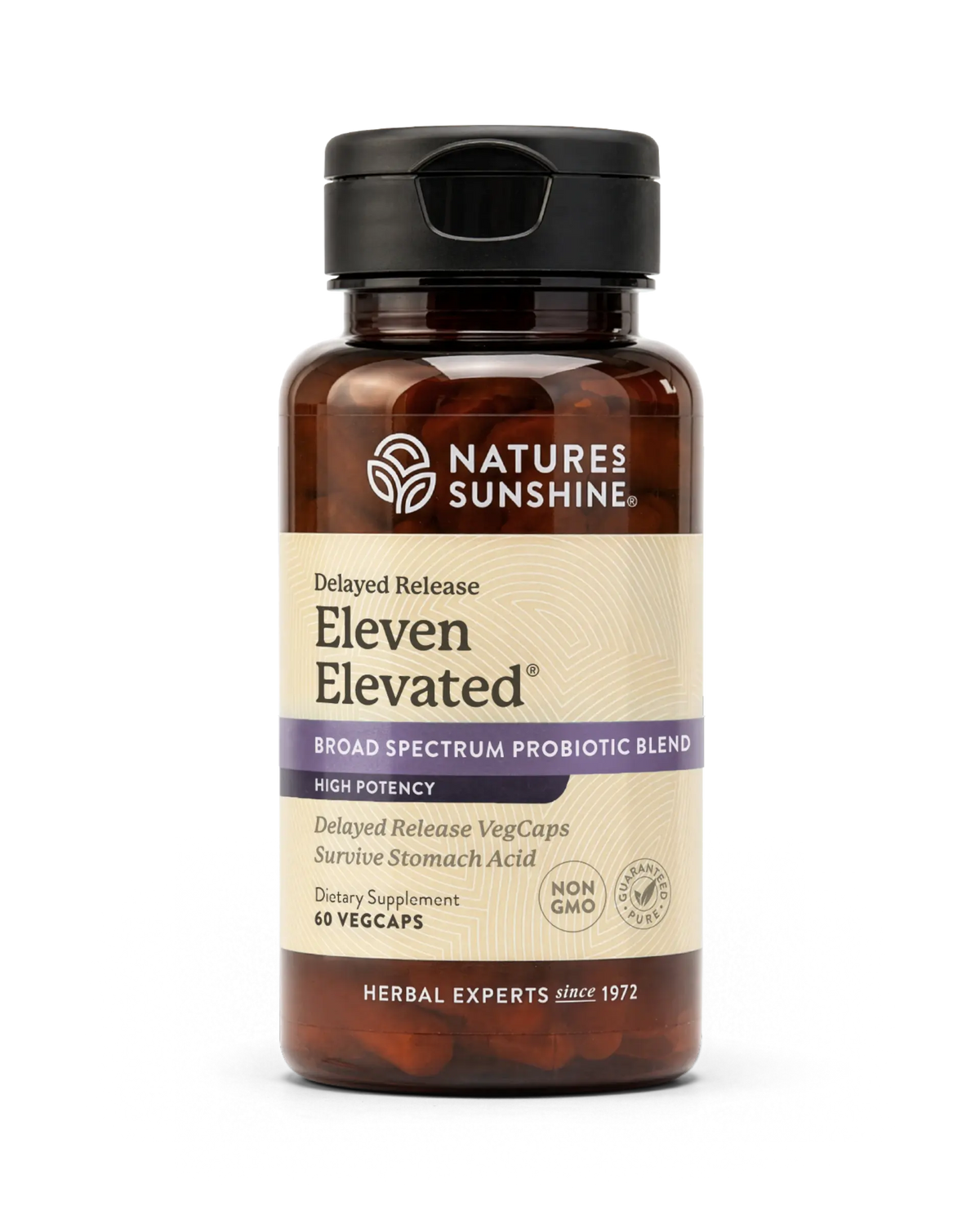A bottle of Nature's Sunshine Eleven Elevated Delayed Release probiotic vegcaps, featuring an amber brown bottle, black cap, and a beige label with purple accents, set against a plain white background.