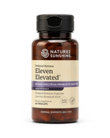 A bottle of Nature's Sunshine Eleven Elevated Delayed Release probiotic vegcaps, featuring an amber brown bottle, black cap, and a beige label with purple accents, set against a plain white background.