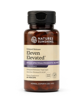 A bottle of Nature's Sunshine Eleven Elevated Delayed Release probiotic vegcaps, featuring an amber brown bottle, black cap, and a beige label with purple accents, set against a plain white background.