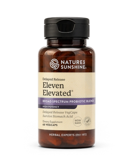 A bottle of Nature's Sunshine Eleven Elevated Delayed Release probiotic vegcaps, featuring an amber brown bottle, black cap, and a beige label with purple accents, set against a plain white background.