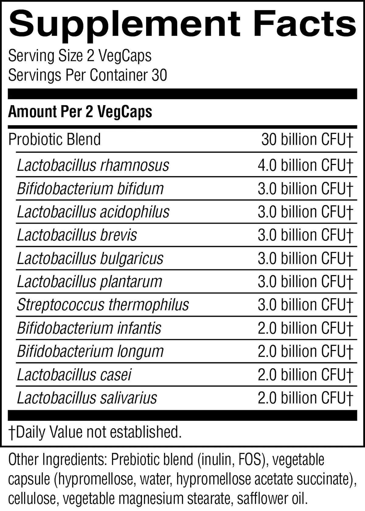 A black-and-white Supplement Facts label for a probiotic product, showing serving size 2 VegCaps, 30 per container, and a list of probiotic strains with CFU counts.