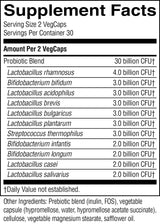A black-and-white Supplement Facts label for a probiotic product, showing serving size 2 VegCaps, 30 per container, and a list of probiotic strains with CFU counts.