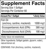 Supplement facts label for a softgel fish oil supplement, showing serving size 1 softgel, servings per container 60, and amounts per softgel for fish oil, Eicosapentaenoic Acid (EPA), and Docosahexaenoic Acid (DHA), plus other ingredients and fish listed in the contains statement.