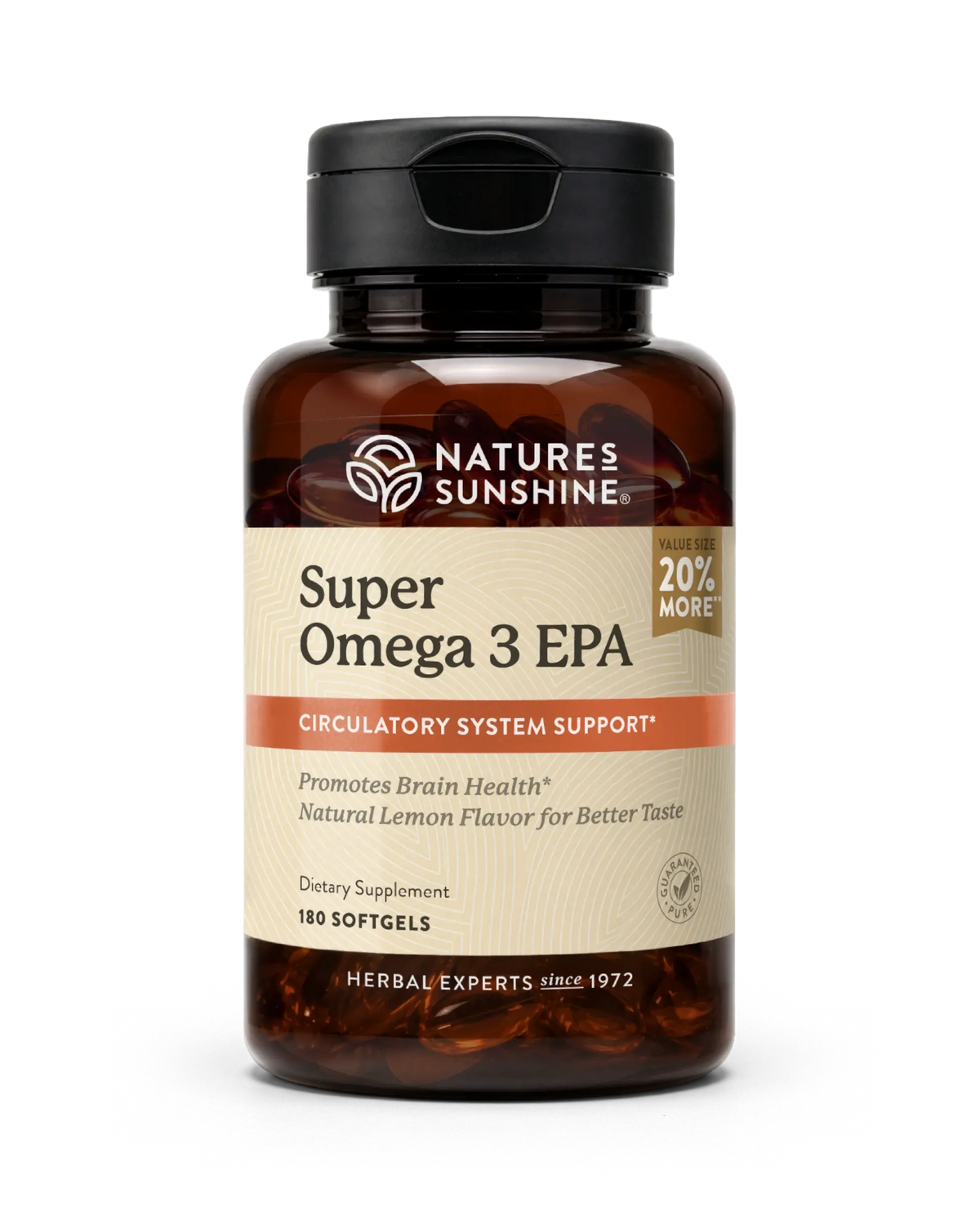 A bottle of Nature's Sunshine Super Omega 3 EPA dietary supplement, containing 180 softgels, on a clean white background.