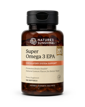 A bottle of Nature's Sunshine Super Omega 3 EPA dietary supplement, containing 180 softgels, on a clean white background.