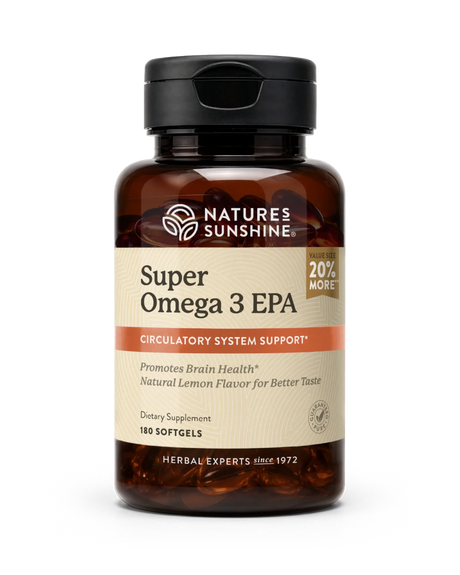 A bottle of Nature's Sunshine Super Omega 3 EPA dietary supplement, containing 180 softgels, on a clean white background.