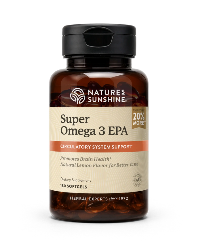 A bottle of Nature's Sunshine Super Omega 3 EPA dietary supplement, containing 180 softgels, on a clean white background.
