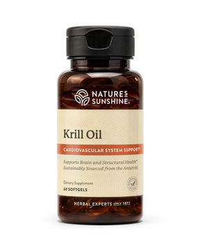 Nature's Sunshine Krill Oil dietary supplement bottle, 60 softgels, on a clean white background.