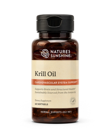 Nature's Sunshine Krill Oil dietary supplement bottle, 60 softgels, on a clean white background.