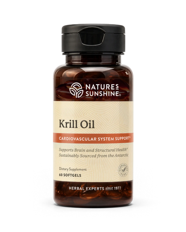 Nature's Sunshine Krill Oil dietary supplement bottle, 60 softgels, on a clean white background.