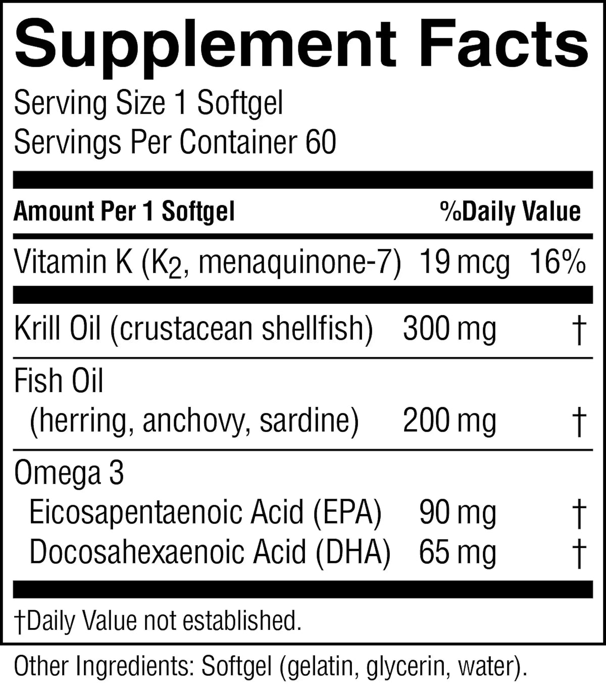 A close-up of a supplement facts label showing serving size 1 softgel, servings per container 60, and a list of nutrients per softgel including Vitamin K, Krill Oil, Fish Oil, and Omega 3 with amounts and daily value percentages.