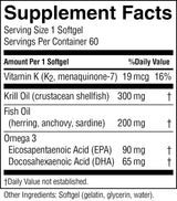 A close-up of a supplement facts label showing serving size 1 softgel, servings per container 60, and a list of nutrients per softgel including Vitamin K, Krill Oil, Fish Oil, and Omega 3 with amounts and daily value percentages.