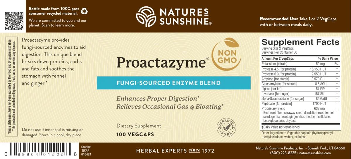 Natures Sunshine Proactazyme Fungi-Sourced Enzyme Blend dietary supplement packaging, featuring a brown and beige label with supplement facts and a non-GMO seal.