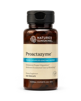 Nature's Sunshine Proactazyme Fungi-Sourced Enzyme Blend in a dark amber bottle with a black cap and beige label, containing 100 vegcaps.