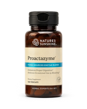 Nature's Sunshine Proactazyme Fungi-Sourced Enzyme Blend in a dark amber bottle with a black cap and beige label, containing 100 vegcaps.