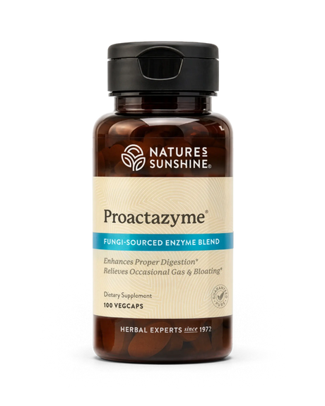 Nature's Sunshine Proactazyme Fungi-Sourced Enzyme Blend in a dark amber bottle with a black cap and beige label, containing 100 vegcaps.