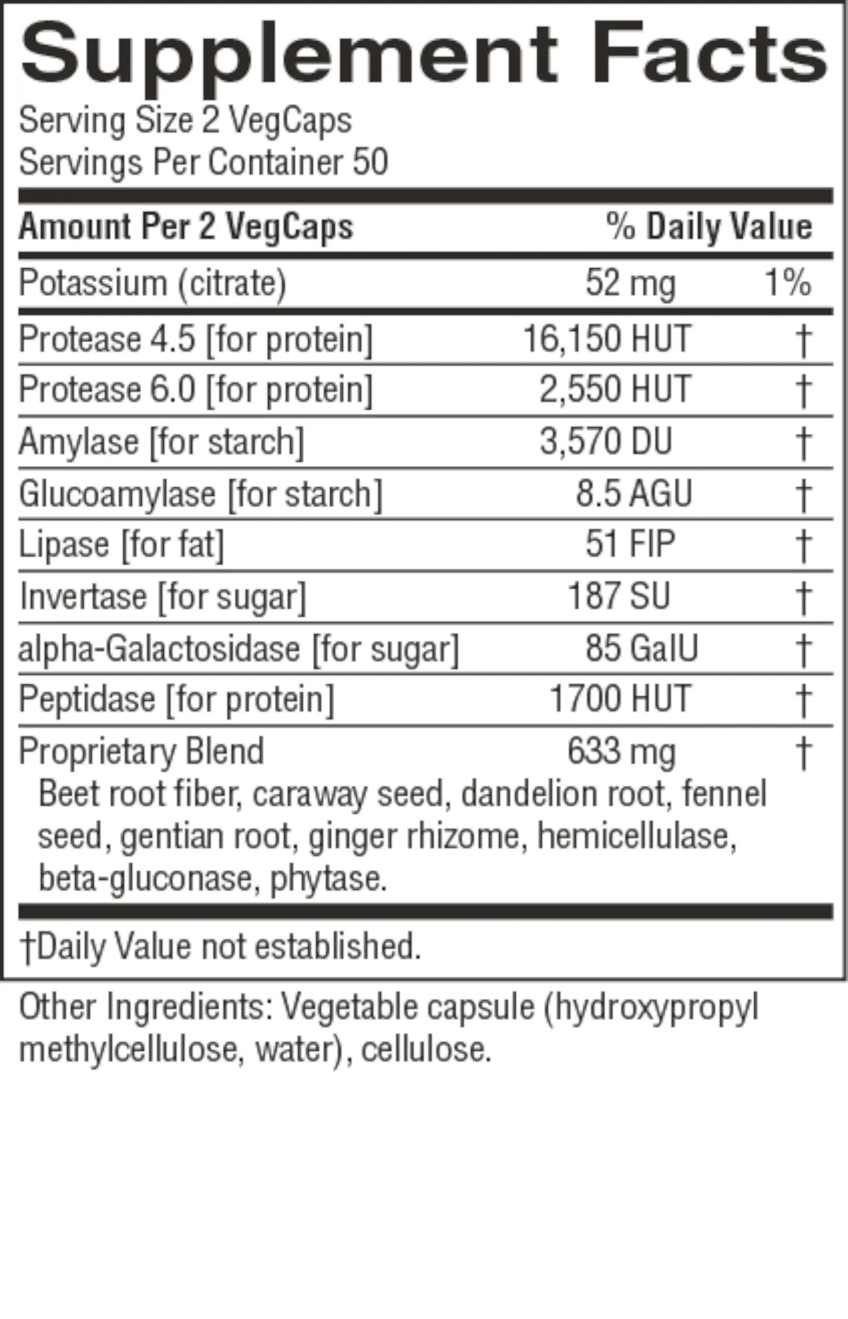 A close-up of a supplement facts label showing a supplement blend named 'Proprietary Blend' with listed ingredients such as potato, pea, and rice flours, along with daily value percentages for potassium, protein, and starch.