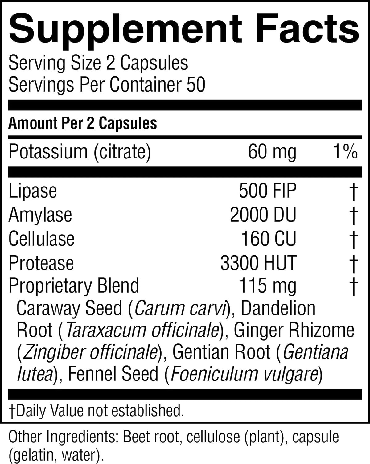 A close-up of a supplement facts label showing a nutrient panel with potassium citrate and listed active ingredients including lipase, amylase, cellulase, protease, and a proprietary blend, plus other ingredients at the bottom.