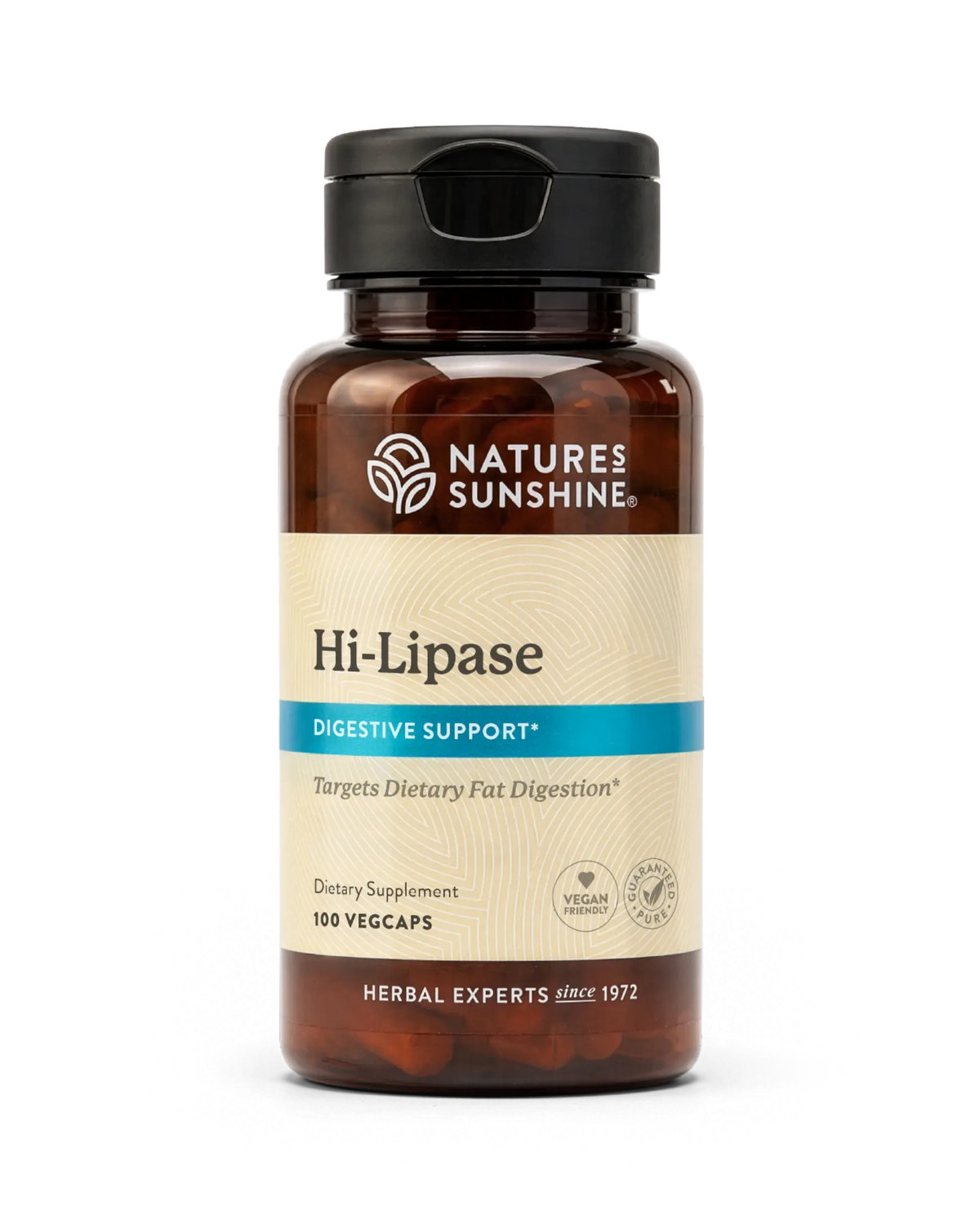 Nature's Sunshine Hi-Lipase Digestive Support dietary supplement in an amber glass bottle with a black cap and beige label, containing 100 vegcaps.