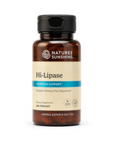 Nature's Sunshine Hi-Lipase Digestive Support dietary supplement in an amber glass bottle with a black cap and beige label, containing 100 vegcaps.