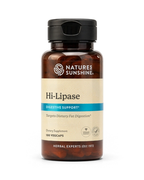 Nature's Sunshine Hi-Lipase Digestive Support dietary supplement in an amber glass bottle with a black cap and beige label, containing 100 vegcaps.