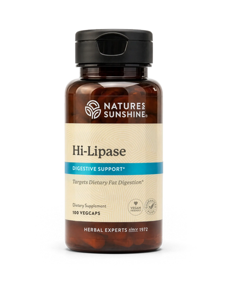 Nature's Sunshine Hi-Lipase Digestive Support dietary supplement in an amber glass bottle with a black cap and beige label, containing 100 vegcaps.