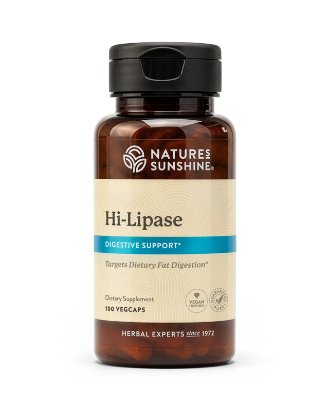 Nature's Sunshine Hi-Lipase Digestive Support dietary supplement in an amber glass bottle with a black cap and beige label, containing 100 vegcaps.