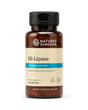 Nature's Sunshine Hi-Lipase Digestive Support dietary supplement in an amber glass bottle with a black cap and beige label, containing 100 vegcaps.