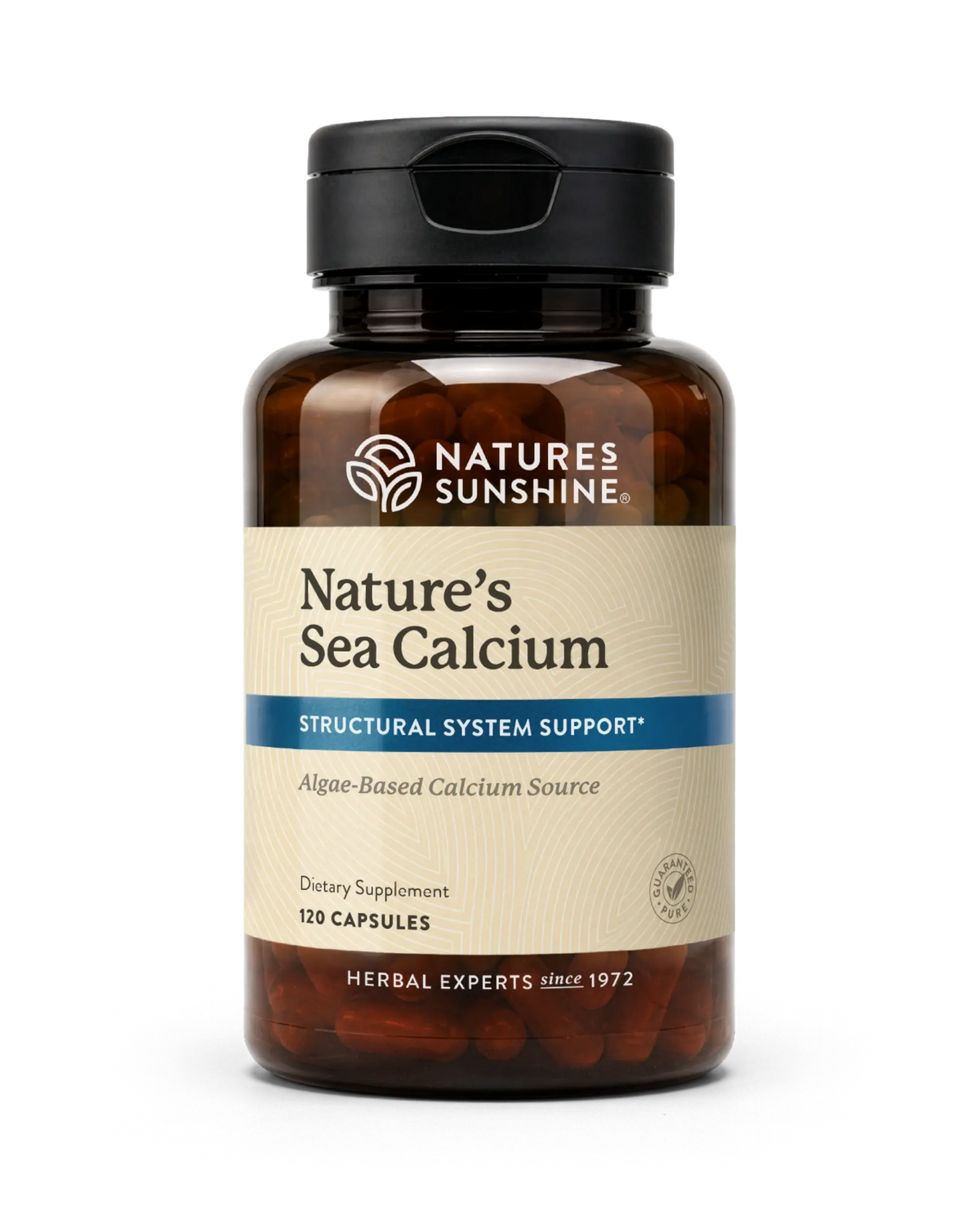 Nature's Sunshine Nature's Sea Calcium dietary supplement bottle with a black cap and amber-brown translucent container, shown on a white background.