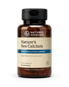 Nature's Sunshine Nature's Sea Calcium dietary supplement bottle with a black cap and amber-brown translucent container, shown on a white background.