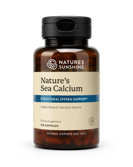 Nature's Sunshine Nature's Sea Calcium dietary supplement bottle with a black cap and amber-brown translucent container, shown on a white background.
