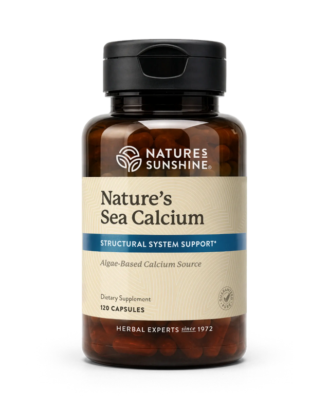 Nature's Sunshine Nature's Sea Calcium dietary supplement bottle with a black cap and amber-brown translucent container, shown on a white background.