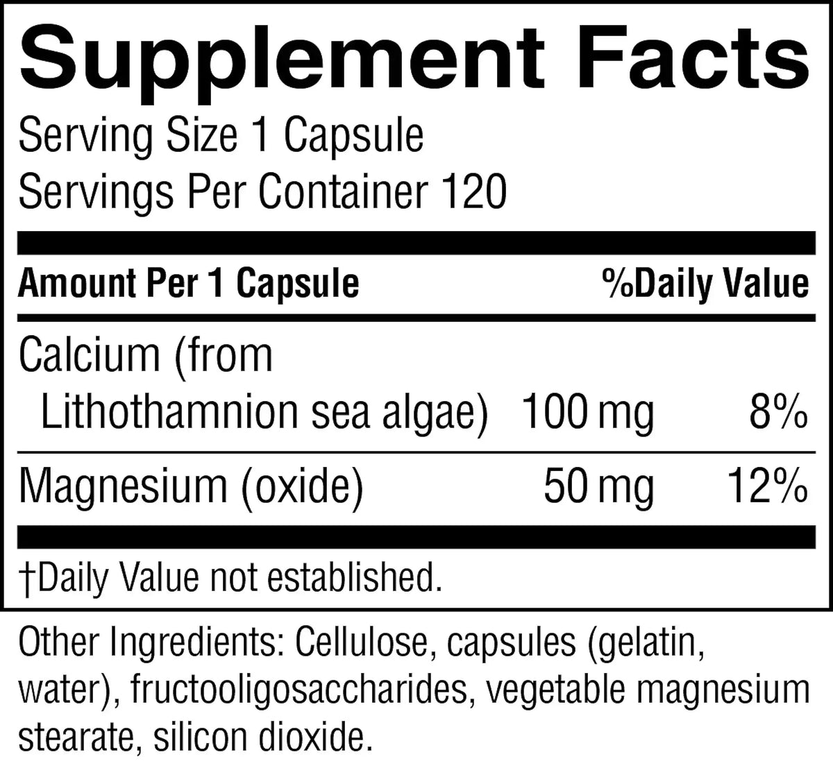 A Supplement Facts label showing calcium and magnesium content from lithothamnion sea algae, with serving size 1 capsule and 120 servings per container.