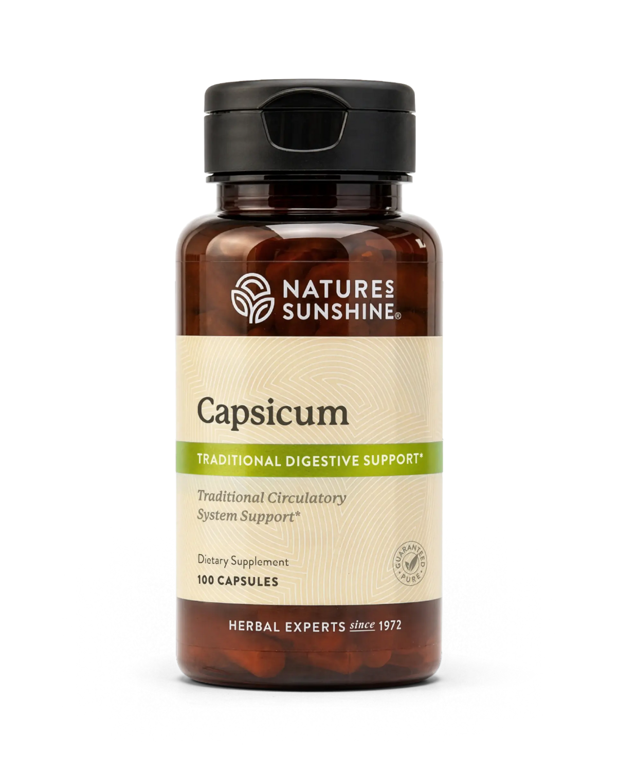 A bottle of Nature's Sunshine Capsicum dietary supplement, featuring an amber brown bottle, a black flip-top cap, and a cream-colored label with green accents.