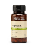 A bottle of Nature's Sunshine Capsicum dietary supplement, featuring an amber brown bottle, a black flip-top cap, and a cream-colored label with green accents.
