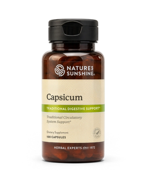 A bottle of Nature's Sunshine Capsicum dietary supplement, featuring an amber brown bottle, a black flip-top cap, and a cream-colored label with green accents.