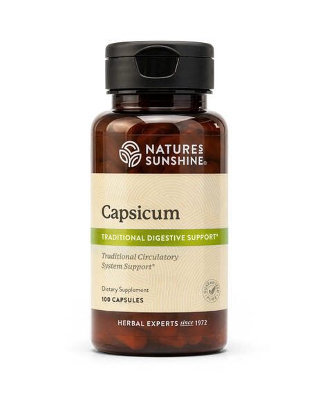 A bottle of Nature's Sunshine Capsicum dietary supplement, featuring an amber brown bottle, a black flip-top cap, and a cream-colored label with green accents.