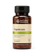 A bottle of Nature's Sunshine Capsicum dietary supplement, featuring an amber brown bottle, a black flip-top cap, and a cream-colored label with green accents.
