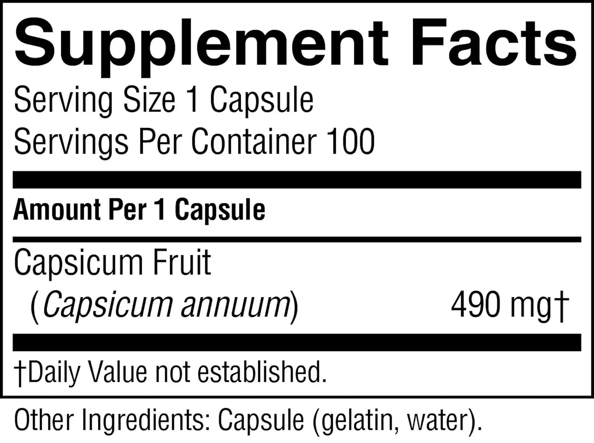A Supplement Facts label showing a capsule supplement with Capsicum Fruit, 490 mg, on a white background.